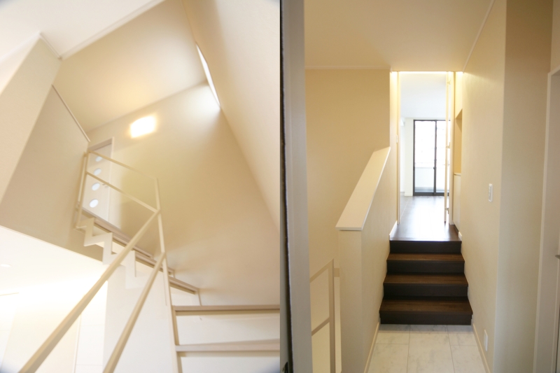 １階→２階階段[左側]・２階主寝室のレベルは、２階の他の部屋より高くなっています [右側]