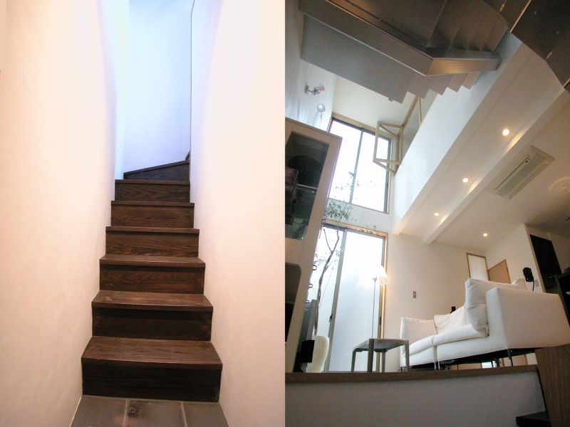 １階→２階階段[左側]・２階ＬＤＫ(居間・食堂・台所)の入口 [右側]
