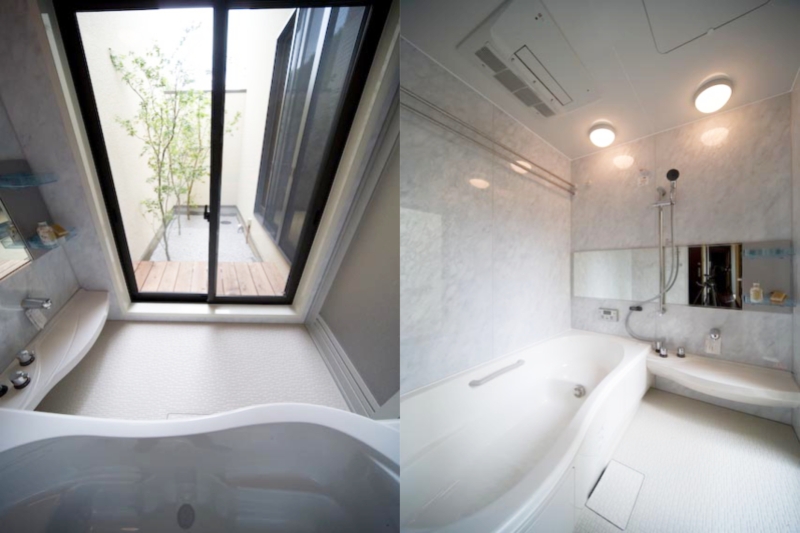 １階の浴室から裏庭を眺める[左側]・浴室[右側]