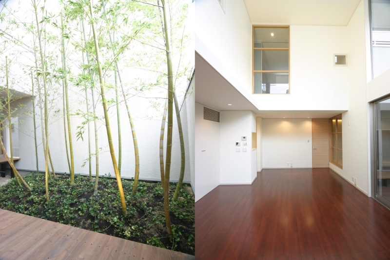 １階ＬＤＫの居間から眺められる竹林の庭[左側]・１階ＬＤＫの居間から、食堂方向を見る[右側]
