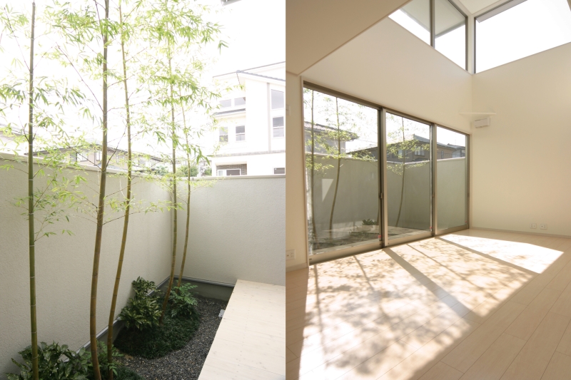 １階ＬＤＫ(居間・食堂・台所)から眺められる自然通り庭[左側]・１階ＬＤＫの天井高5.3ｍの居間から自然通り庭を眺められます[右側]