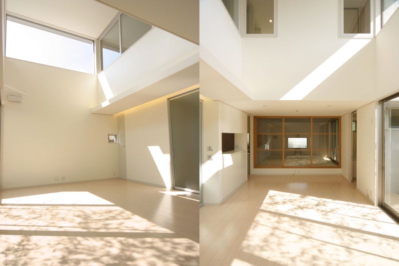 １階ＬＤＫに、１日中南側から太陽光が降り注ぎます[左側]・１階ＬＤＫの食堂は、和室に連続しています[右側]