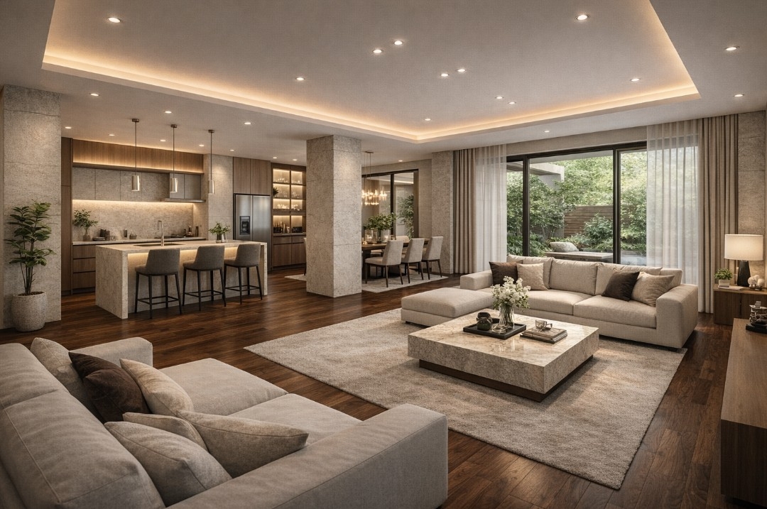 思考を整え暮らしを上質に叶えるホテルライクなモダン住宅 ― 光と陰影が整える、時間の質を設計するリビング ―